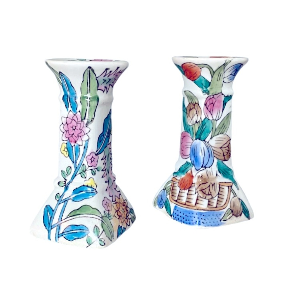 Vintage Chinoiserie & Floral Style Taper Candlestick Holders - set of 2